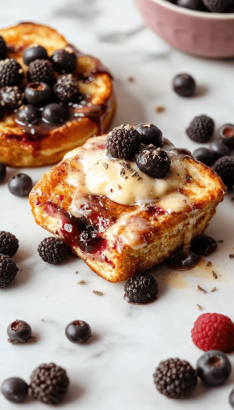 A golden-brown baked French toast casserole topped with fresh blueberries and a dusting of powdered sugar, served in a rustic white dish with vibrant blueberries and syrup drizzled on top, showcasing a warm, inviting breakfast scene.