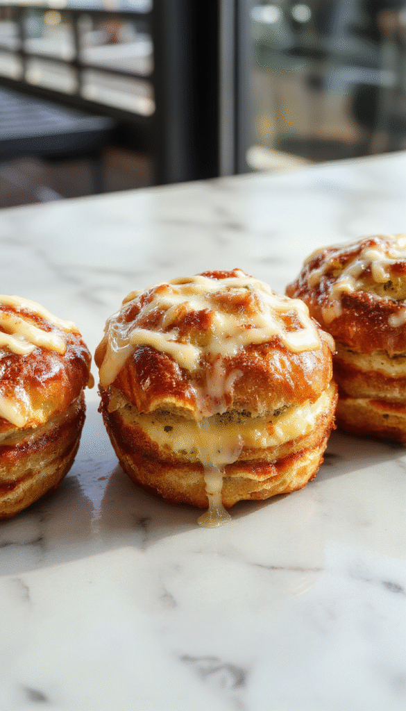 A golden-brown cheesy pull apart bread on a rustic wooden serving board topped with melted cheese and fresh herbs, showcasing its soft, layered texture for a tempting savory treat.