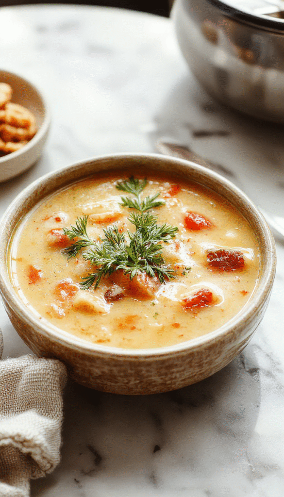 A vibrant bowl of hearty comfort soup featuring colorful vegetables, tender meat, and a rich broth, garnished with herbs, presented on a rustic wooden table with warm lighting highlighting the textures and inviting atmosphere.