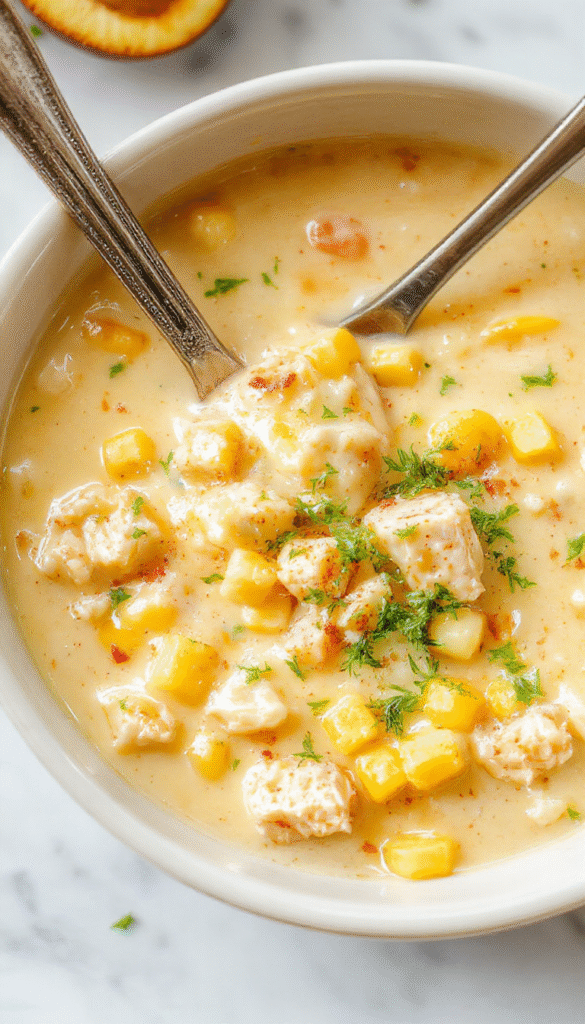 A warm, creamy chicken corn chowder served in a rustic bowl, topped with fresh chopped herbs and a sprinkle of black pepper. The chowder has a rich yellow color with orange corn kernels, shredded chicken pieces, and a smooth, thick texture. The background features a cozy kitchen setting with a wooden spoon and a bowl of fresh ingredients, styled for a comforting meal presentation.