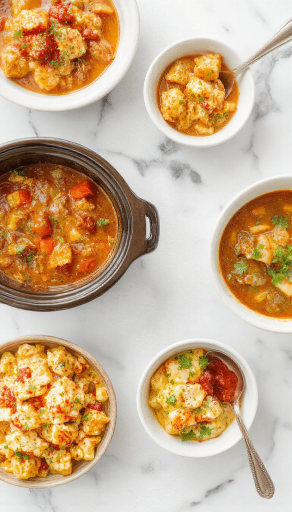 A colorful spread showcasing a variety of hearty crockpot stews and casseroles topped with fresh herbs, served in rustic bowls on a wooden table, steaming and inviting with textures of tender meats and vegetables.