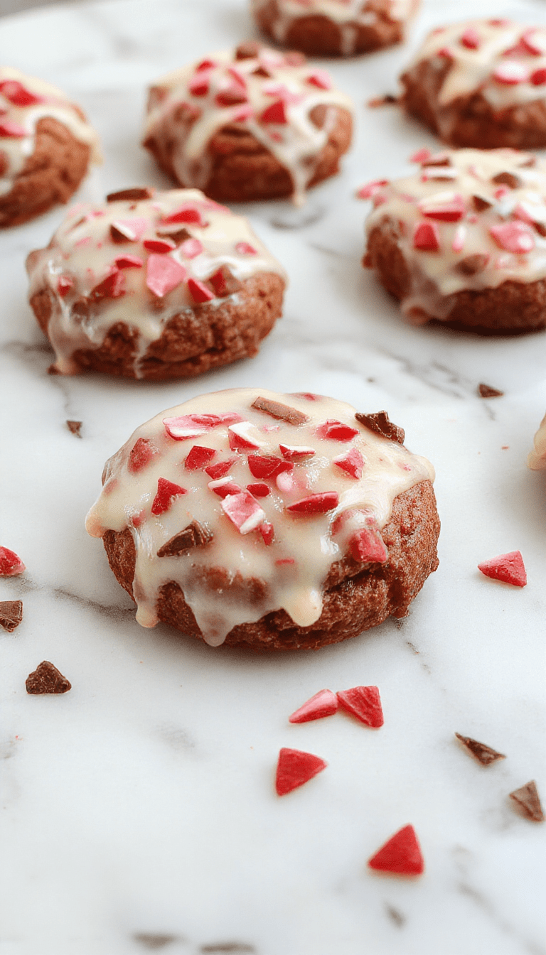Colorful Valentine's Day themed cookies with glossy chocolate ganache drizzles, decorated with pink and red sprinkles, arranged on a elegant white plate.