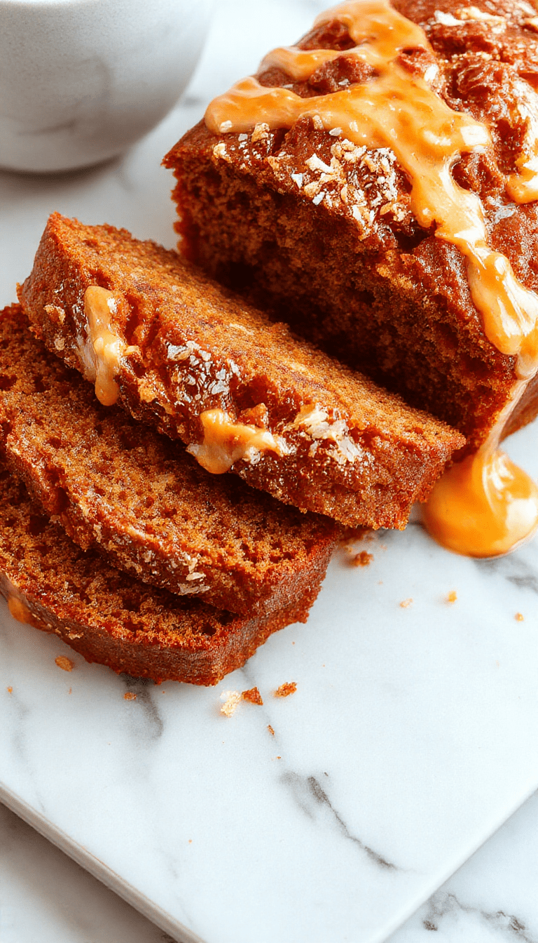 A slice of moist orange pumpkin bread topped with a crunchy streusel layer and drizzled with a glossy orange glaze, garnished with orange zest and served on a rustic wooden platter, with a vibrant orange and white color palette emphasizing freshness and seasonal warmth.