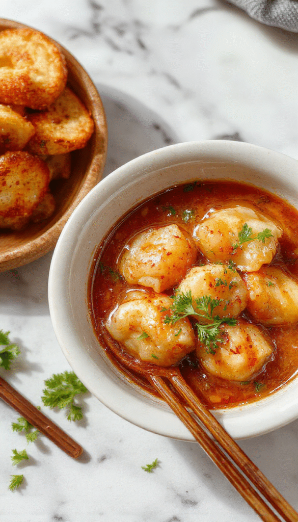 A vibrant bowl of gyoza soup featuring golden-brown Japanese dumplings arranged on top of a clear, steaming broth. The soup is garnished with chopped green onions, slices of bok choy, and a soft-boiled egg, all placed in a traditional Japanese ceramic bowl with a wooden spoon beside it. The background shows a wooden table with subtle steam rising, emphasizing warmth and freshness.