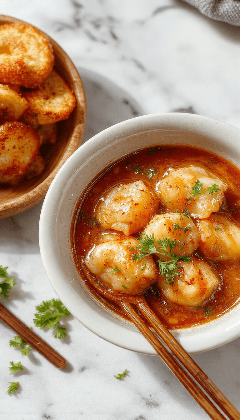 A vibrant bowl of gyoza soup featuring golden-brown Japanese dumplings arranged on top of a clear, steaming broth. The soup is garnished with chopped green onions, slices of bok choy, and a soft-boiled egg, all placed in a traditional Japanese ceramic bowl with a wooden spoon beside it. The background shows a wooden table with subtle steam rising, emphasizing warmth and freshness.