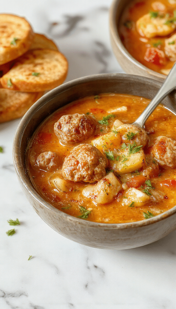 A steaming bowl of Swedish meatball soup featuring tender meatballs nestled in a creamy broth, garnished with fresh herbs and served in a rustic white bowl. The vibrant soup showcases golden meatballs, softly textured vegetables, and a sprinkle of parsley on top, with a cozy kitchen background and warm lighting emphasizing the comforting appeal.
