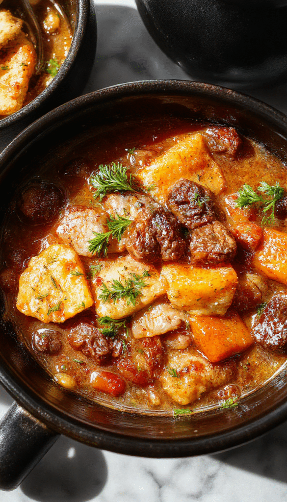 A steaming black cauldron-style bowl filled with tender beef chunks, colorful vegetables, and rich gravy, garnished with fresh herbs, set against a dark rustic background with bubbling steam.