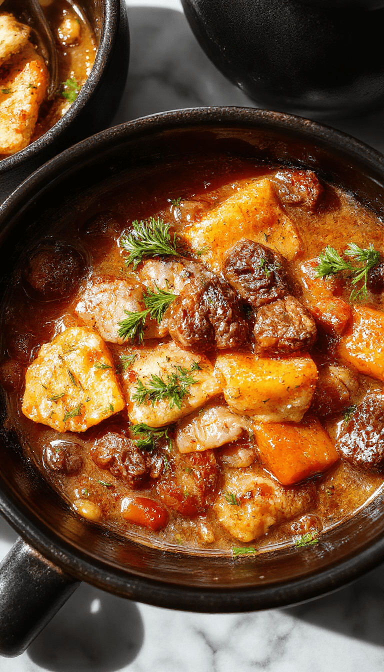 A steaming black cauldron-style bowl filled with tender beef chunks, colorful vegetables, and rich gravy, garnished with fresh herbs, set against a dark rustic background with bubbling steam.
