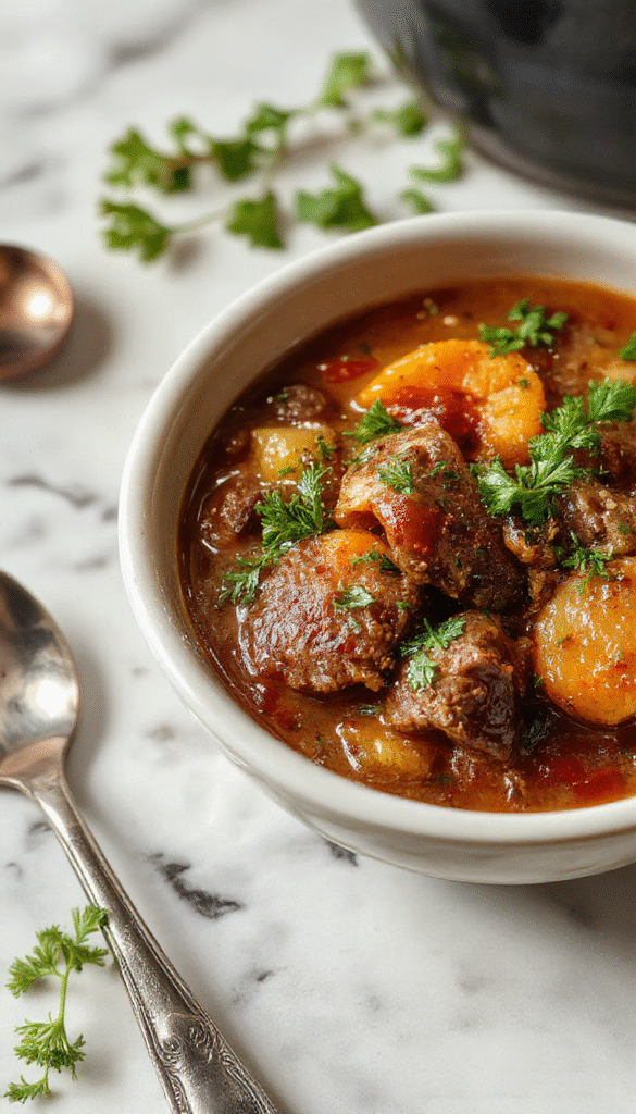 A bubbling black cauldron-style pot filled with rich beef stew, garnished with fresh herbs, served on a rustic wooden table with steam rising, surrounded by fall leaves and cast-iron utensils.