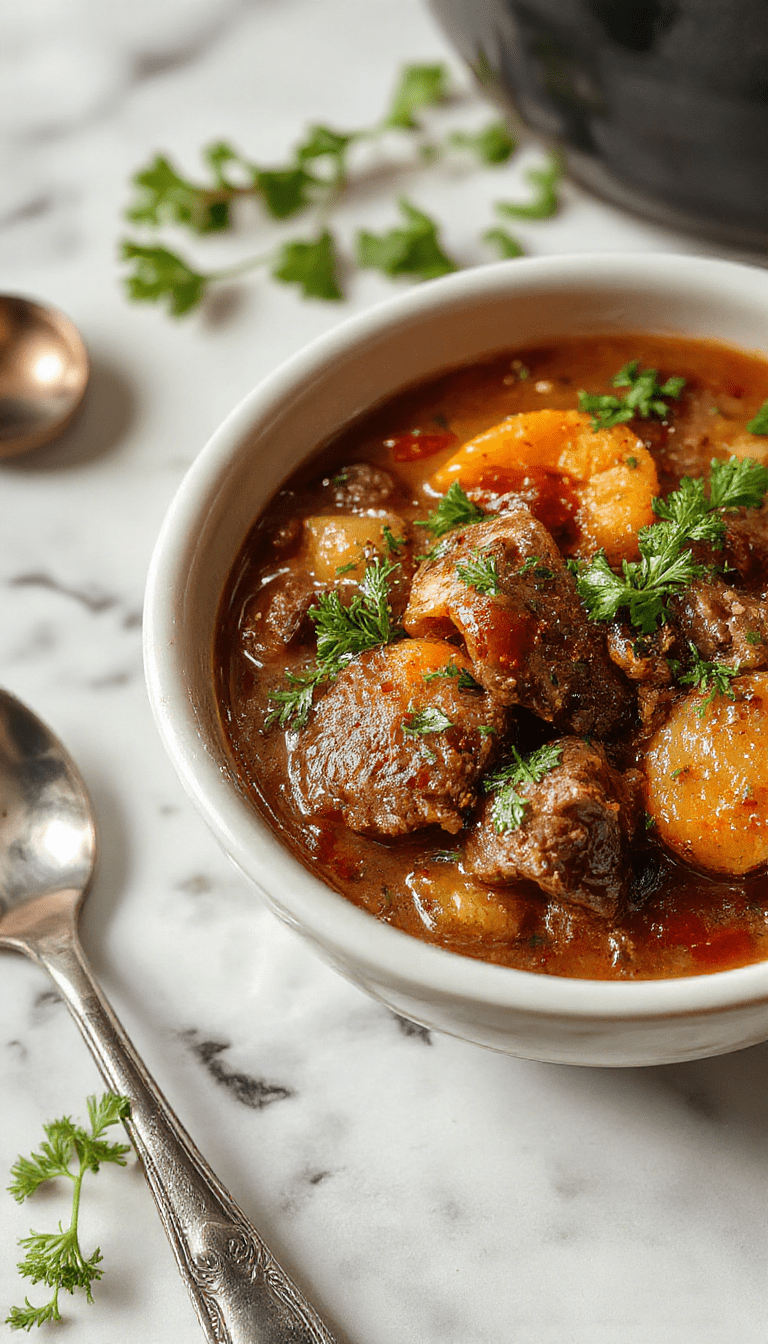 A bubbling black cauldron-style pot filled with rich beef stew, garnished with fresh herbs, served on a rustic wooden table with steam rising, surrounded by fall leaves and cast-iron utensils.