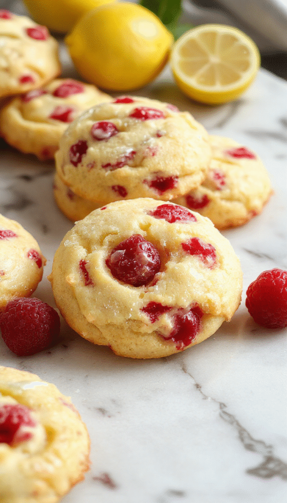 Brightly colored lemon raspberry cookies arranged on a white plate with a light blue napkin. The cookies have a golden-brown edge with a glossy raspberry center and a sprinkle of powdered sugar on top. Fresh raspberries and lemon slices are placed around for garnishing, with natural sunlight highlighting the textures and vibrant colors.