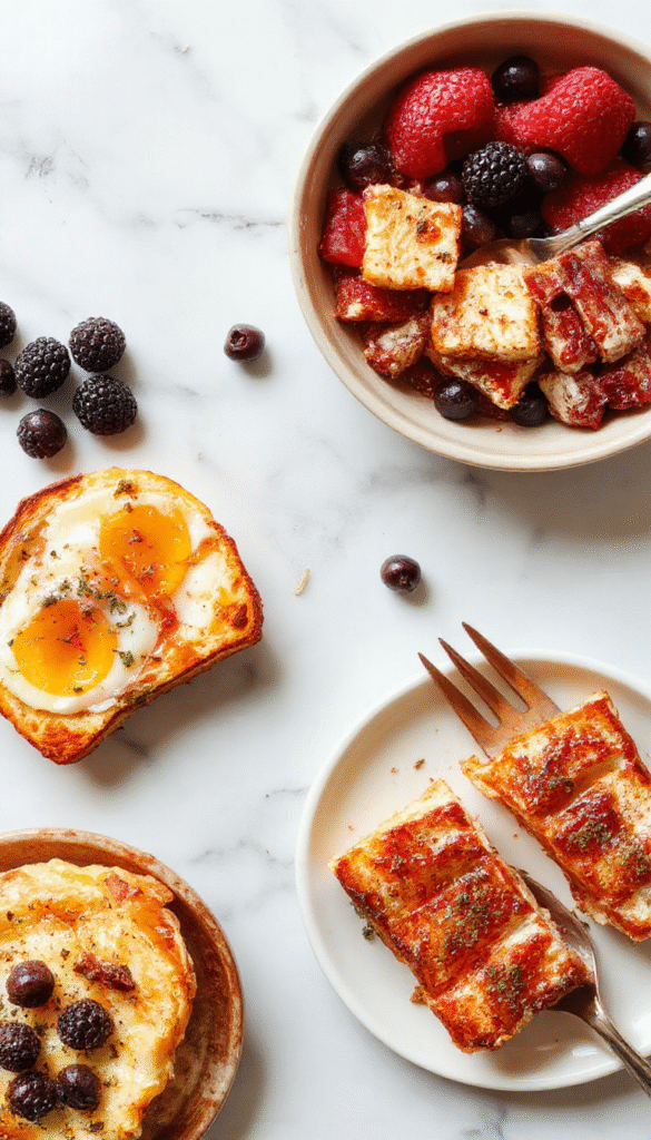 A vibrant plate showcasing a variety of healthy breakfast dishes including colorful fruit bowls, avocado toast with cherry tomatoes, overnight oats topped with berries, and green smoothies, all styled on a rustic wooden table with fresh ingredients around