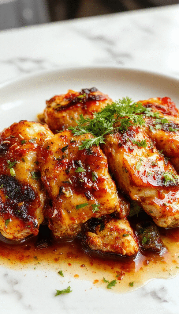 A golden-brown baked chicken breast topped with melted cheese, crispy bacon strips, and sliced green onions, plated on a rustic white dish with a side of fresh vegetables, vibrant red and green hues, and glossy glaze highlighting the savory textures.