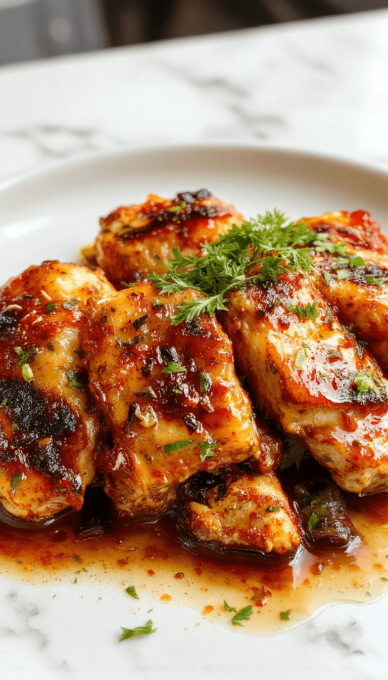 A golden-brown baked chicken breast topped with melted cheese, crispy bacon strips, and sliced green onions, plated on a rustic white dish with a side of fresh vegetables, vibrant red and green hues, and glossy glaze highlighting the savory textures.