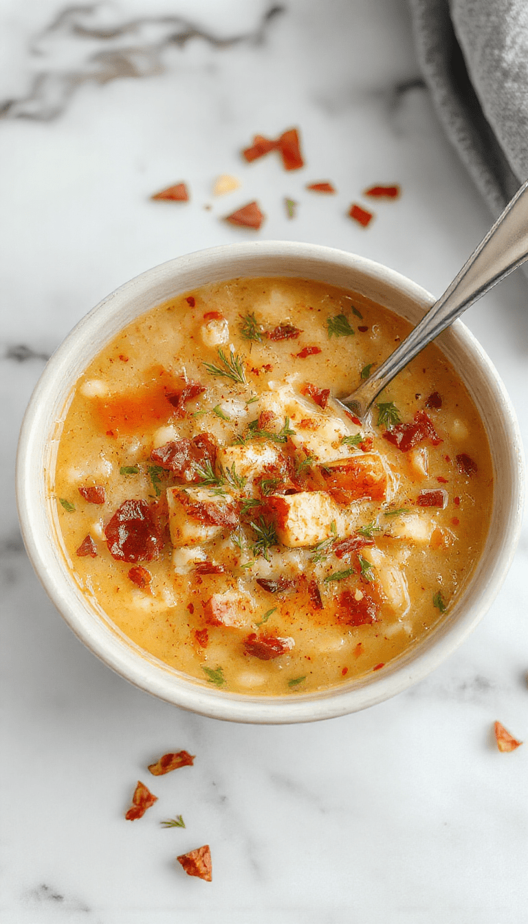 A steaming bowl of hearty wild rice soup garnished with fresh herbs, orange carrots, green celery pieces, and tender chicken chunks on a rustic white plate with autumn-themed background.