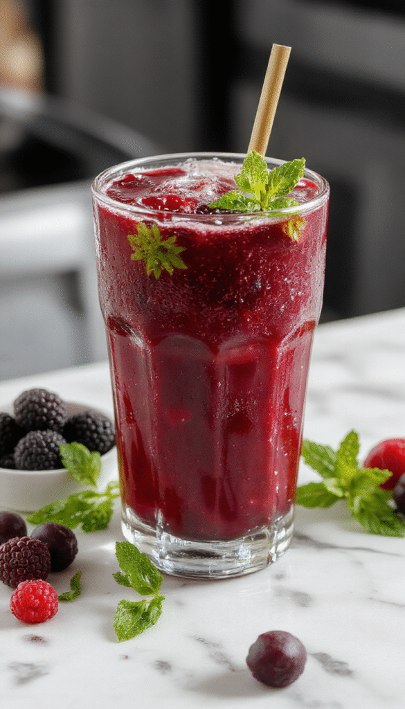 A vibrant cocktail glass filled with a deep purple blackberry margarita smash, garnished with fresh blackberries and a sprig of mint, surrounded by colorful lime and berry slices on a rustic wooden table with a blurred background, showcasing refreshing textures and summery vibes.