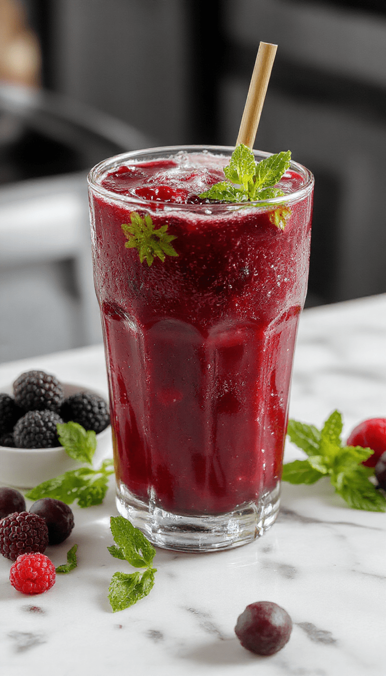 A vibrant cocktail glass filled with a deep purple blackberry margarita smash, garnished with fresh blackberries and a sprig of mint, surrounded by colorful lime and berry slices on a rustic wooden table with a blurred background, showcasing refreshing textures and summery vibes.