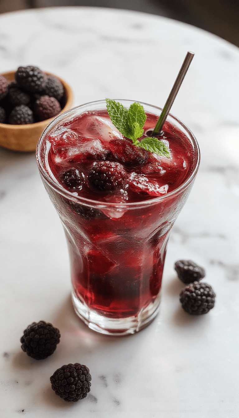 A vibrant cocktail glass filled with deep purple blackberry rum cocktail garnished with fresh blackberries and a sprig of mint, set on a rustic wooden table with a blurred background highlighting the colorful drink and ice cubes floating inside.