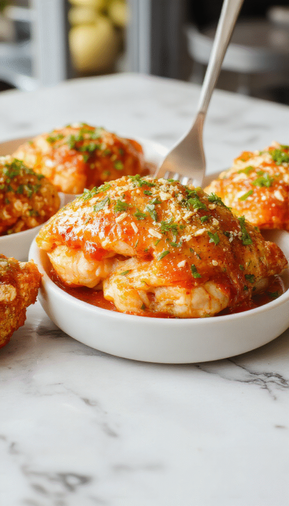Vibrant orange glazed chicken pieces arranged neatly on a rustic white plate with a drizzle of sauce, garnished with orange zest and chopped green herbs, set against a wooden table background, with a side of steamed broccoli for contrast and textured surface highlighting the juicy, crispy chicken