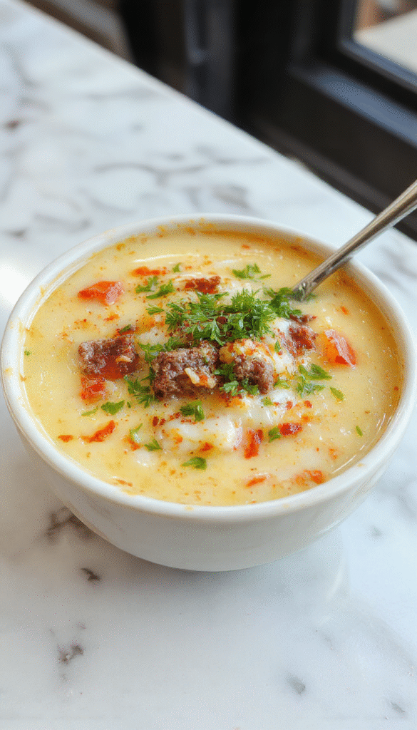 A vibrant bowl of creamy cheesesteak potato soup topped with melted cheese, chopped green onions, and sliced steak pieces served on a rustic wooden table.