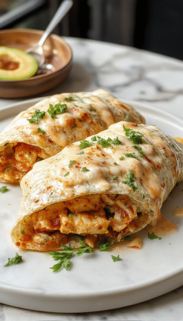 A vibrant plate featuring golden-brown chicken wraps filled with melted cheese, crispy garlic crust, garnished with fresh parsley and served with a side of dipping sauce. The wraps are cut diagonally to showcase gooey cheese and tender chicken inside, with a sprinkle of herbs on top, styled on a rustic wooden board with colorful fresh ingredients around.