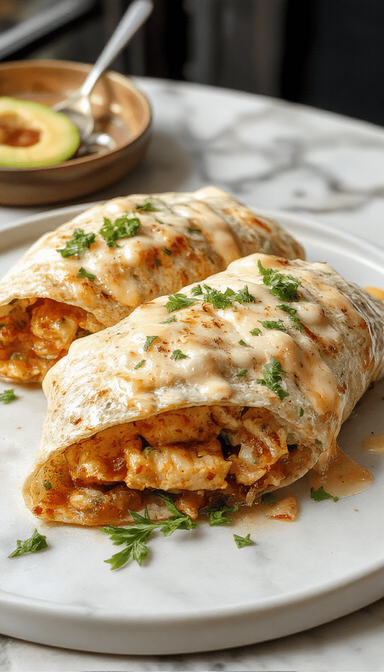 A vibrant plate featuring golden-brown chicken wraps filled with melted cheese, crispy garlic crust, garnished with fresh parsley and served with a side of dipping sauce. The wraps are cut diagonally to showcase gooey cheese and tender chicken inside, with a sprinkle of herbs on top, styled on a rustic wooden board with colorful fresh ingredients around.