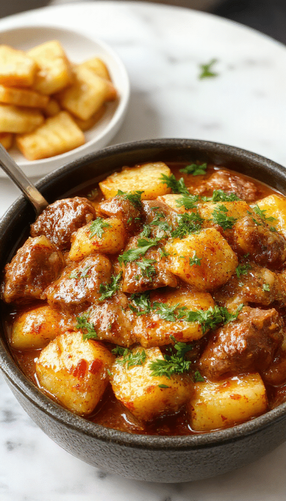 A vibrant plate featuring tender beef chunks cooked with golden roasted potatoes, melted cheese on top, garnished with fresh herbs, served in a rustic bowl with a side of green vegetables, showcasing a warm, comforting meal with rich textures and inviting colors