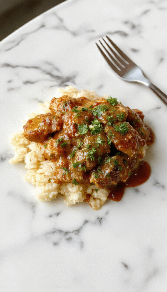 A vibrant plate featuring tender slices of smothered chicken coated in rich gravy, served over fluffy seasoned rice. The dish is garnished with chopped parsley, with the gravy glistening and the rice flaky and aromatic, all presented on a rustic plate with a cozy kitchen background.