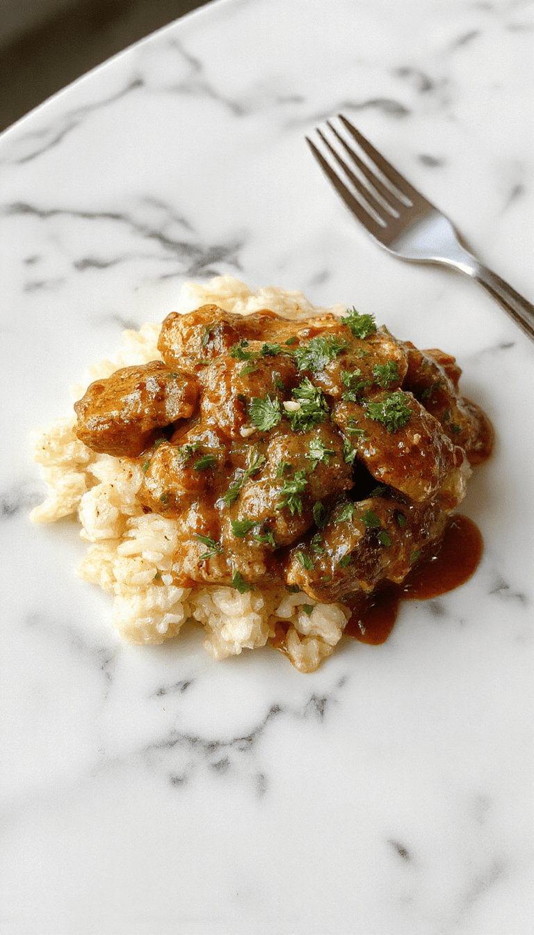 A vibrant plate featuring tender slices of smothered chicken coated in rich gravy, served over fluffy seasoned rice. The dish is garnished with chopped parsley, with the gravy glistening and the rice flaky and aromatic, all presented on a rustic plate with a cozy kitchen background.