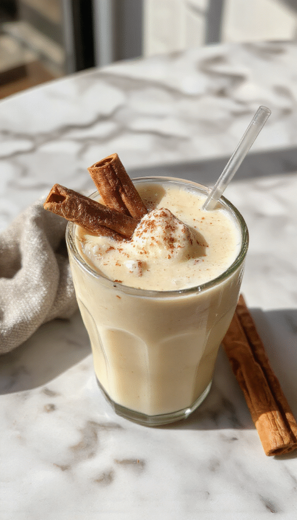 A vibrant image of a clear glass mug filled with creamy vanilla cinnamon milk tea, garnished with a cinnamon stick and a sprinkle of cinnamon on top, set on a rustic wooden table with soft, warm lighting highlighting the smooth texture and inviting aroma.