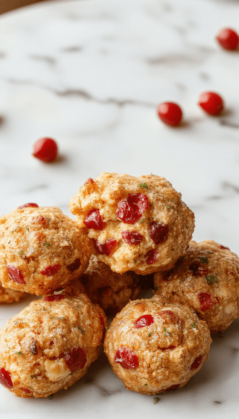 Colorful close-up of golden-brown turkey stuffing balls infused with bright red cranberries, garnished with fresh herbs on a rustic wooden platter, showcasing their crispy exterior and moist interior.