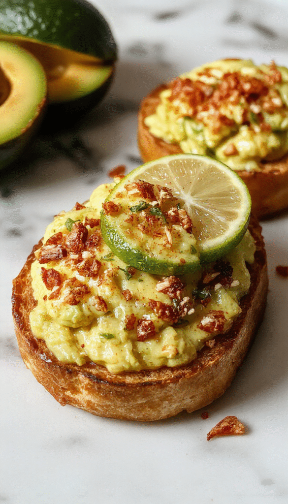 A close-up of vibrant green mashed avocado spread evenly on crispy toasted bread, garnished with cherry tomato slices, microgreens, and a drizzle of olive oil, with a citrus wedge on the side, styled on a rustic wooden plate.