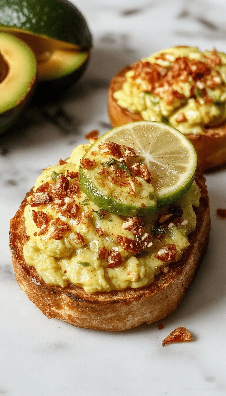 A close-up of vibrant green mashed avocado spread evenly on crispy toasted bread, garnished with cherry tomato slices, microgreens, and a drizzle of olive oil, with a citrus wedge on the side, styled on a rustic wooden plate.