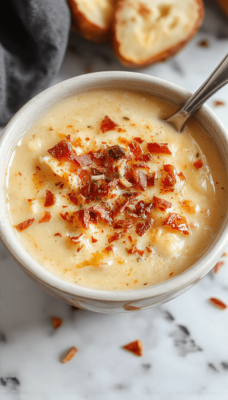 A warm bowl of creamy baked potato soup topped with shredded cheese, chopped green onions, and crispy bacon bits, served on a rustic wooden table with a toasted bread slice on the side, vibrant fall colors in the background.
