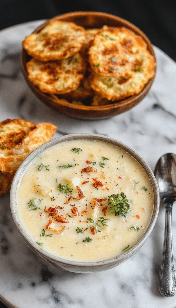 A vibrant bowl of creamy broccoli potato cheese soup garnished with shredded cheese and fresh herbs, served in a rustic white bowl on a wooden surface with broccoli florets and toasted bread slices around it, showcasing a rich, thick texture and bright green accents.