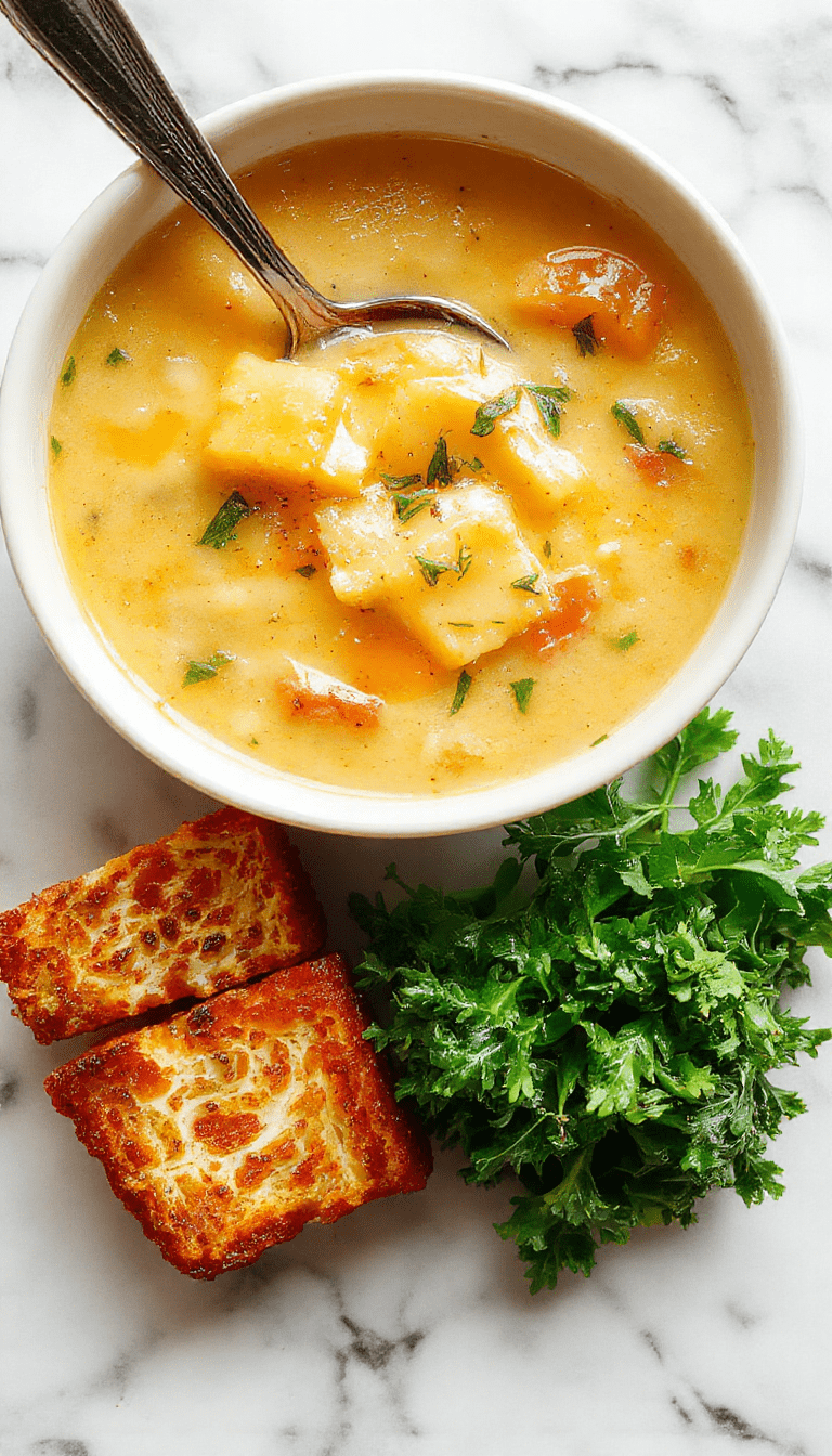 A vibrant bowl of creamy butternut squash and kale soup topped with a drizzle of olive oil and garnished with fresh herbs, served in a rustic ceramic bowl on a wooden table, with soft natural light highlighting the rich orange and green colors, accompanied by a crusty bread slice on the side