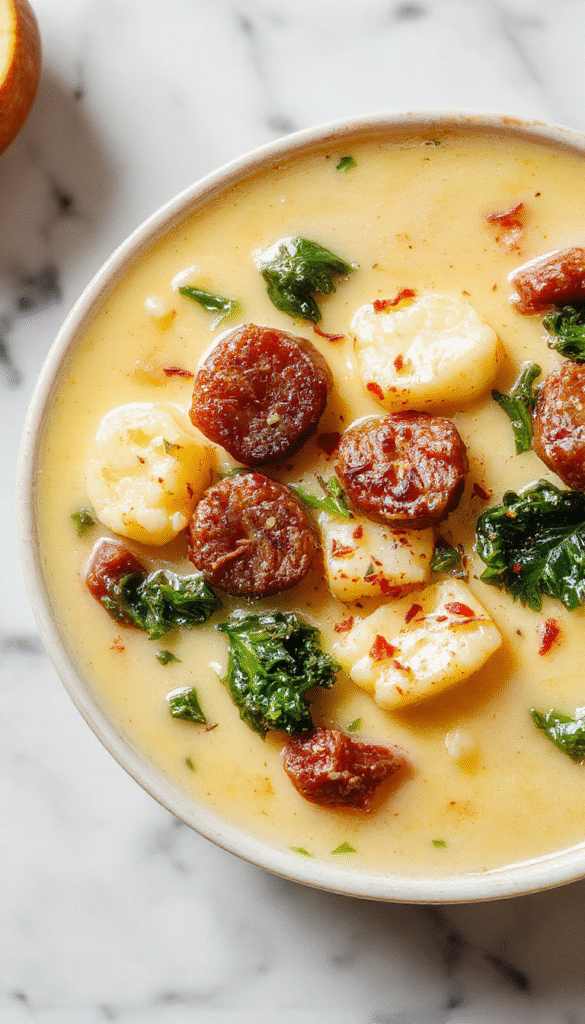 A vibrant bowl of creamy cauliflower sausage kale soup garnished with fresh herbs, showcasing a rich, creamy texture with chunks of cauliflower, slices of sausage, and wilted kale, all beautifully plated on a rustic wooden table with a creamy broth.