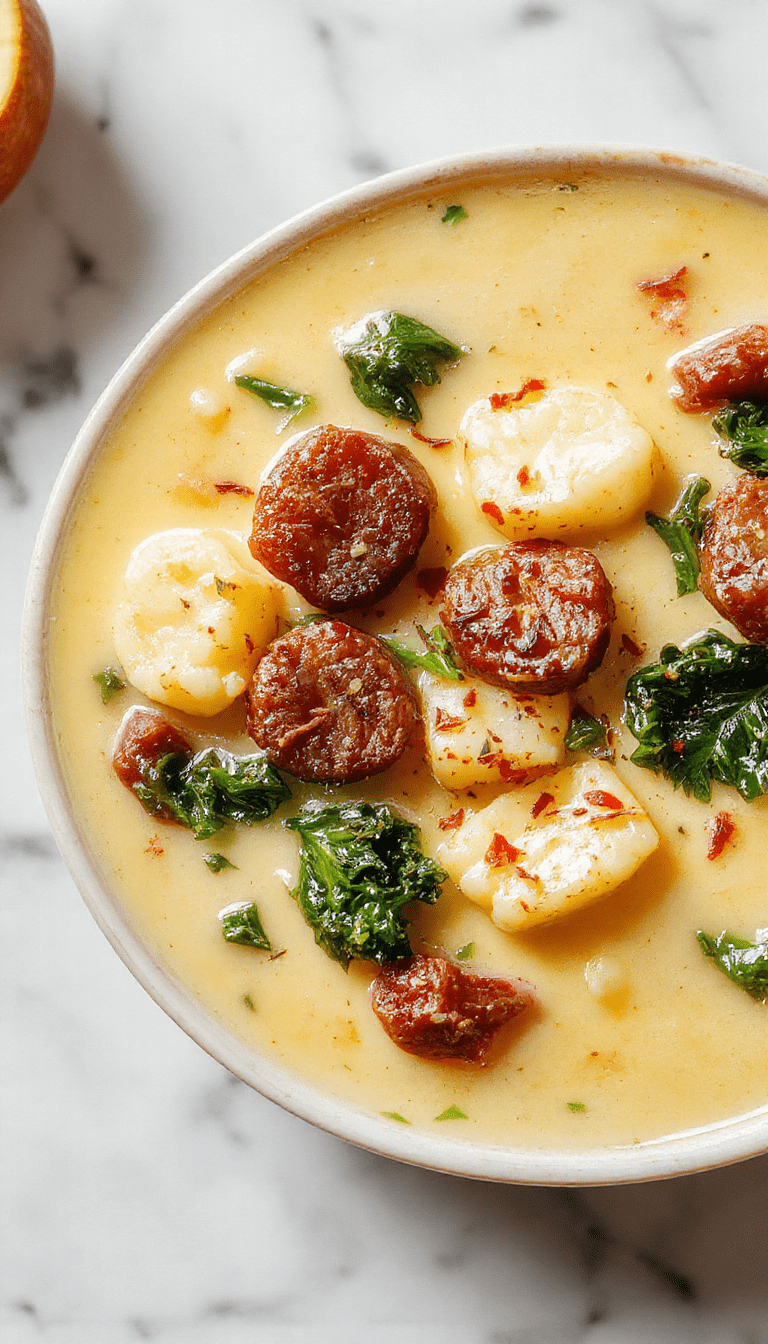 A vibrant bowl of creamy cauliflower sausage kale soup garnished with fresh herbs, showcasing a rich, creamy texture with chunks of cauliflower, slices of sausage, and wilted kale, all beautifully plated on a rustic wooden table with a creamy broth.