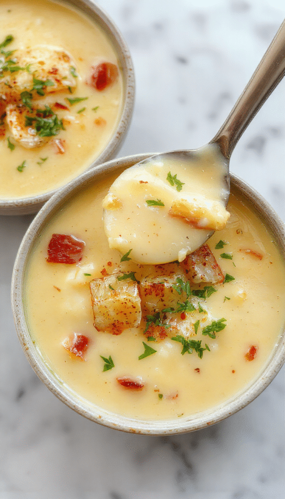 A bowl of creamy cheddar garlic herb potato soup topped with melted cheese, fresh herbs, and crispy bacon bits on a rustic wooden table, vibrant yellow soup with a smooth texture contrasting with the garnishes, styled with a spoon and a sprig of parsley for a warm, inviting presentation.