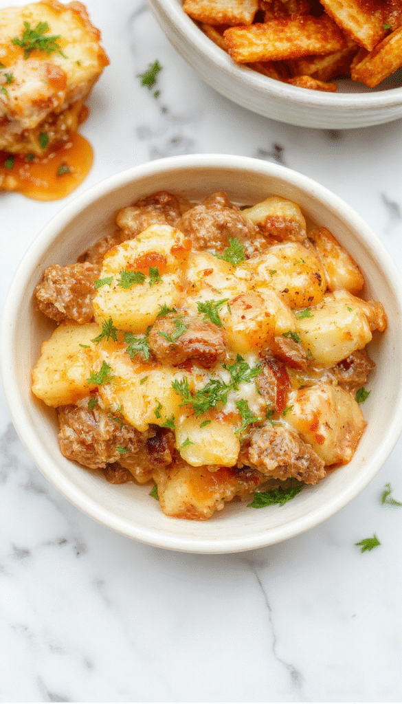 A vibrant casserole dish featuring golden-brown crispy topped potatoes, melted cheese, and seasoned ground beef in a rustic ceramic baking dish garnished with fresh herbs, served hot with a side of green vegetables.