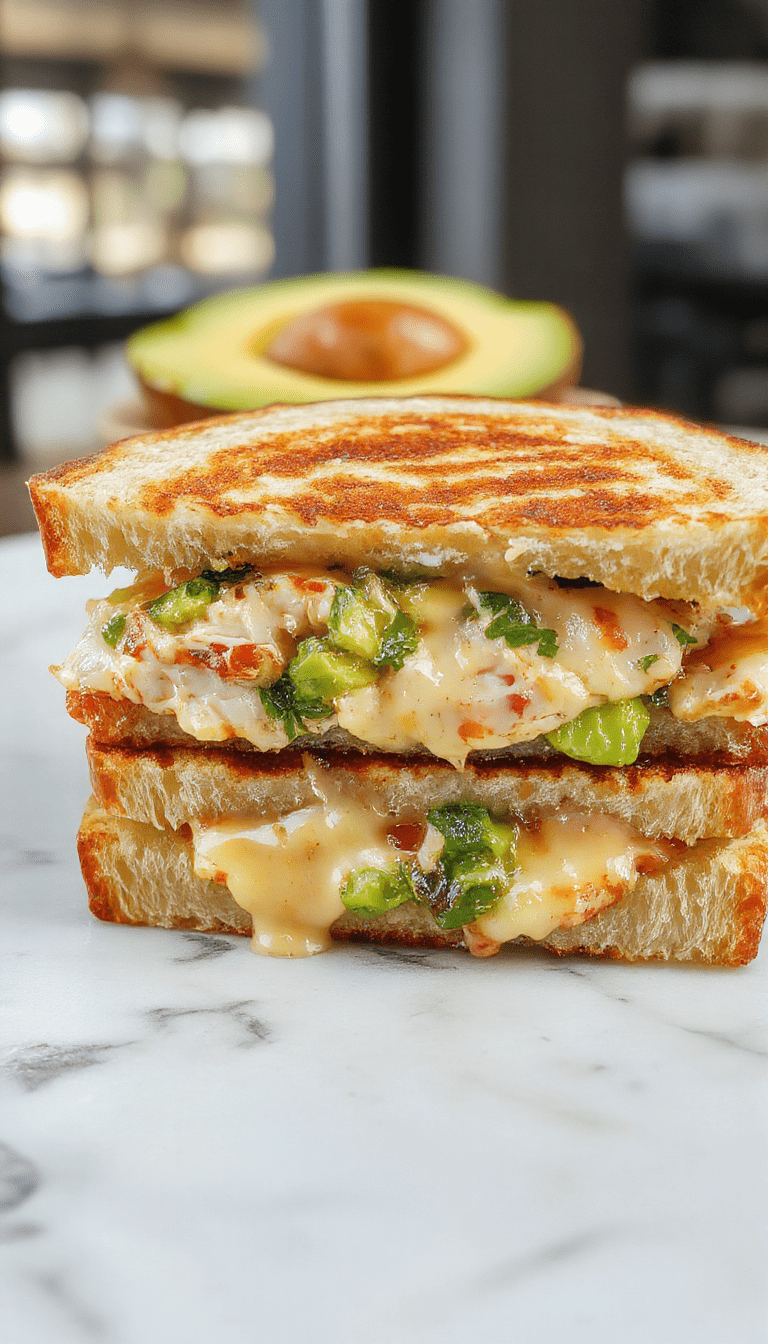A vibrant grilled chicken avocado melt sandwich on a rustic wooden board. The sandwich features crispy toasted bread, gooey melted cheese, slices of ripe avocado, and tender grilled chicken. The sandwich is garnished with fresh greens and served with a side of salad, showcasing bright green, golden brown, and creamy textures.