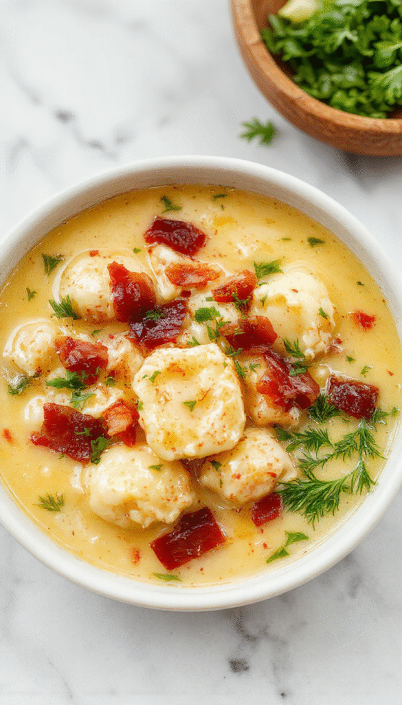 A warm, inviting bowl of creamy chicken bacon gnocchi soup garnished with crispy bacon bits and fresh herbs, served in a white bowl on a rustic wooden table with a spoon beside it, steaming hot and topped with melted cheese and chopped green onions.