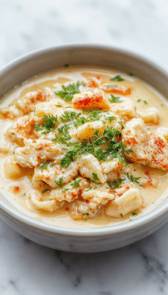 A vibrant bowl of creamy chicken pasta soup topped with fresh parsley and grated cheese, showcasing tender chicken pieces, al dente pasta, and a velvety broth with a sprinkle of herbs, served on a rustic wooden table with a spoon.