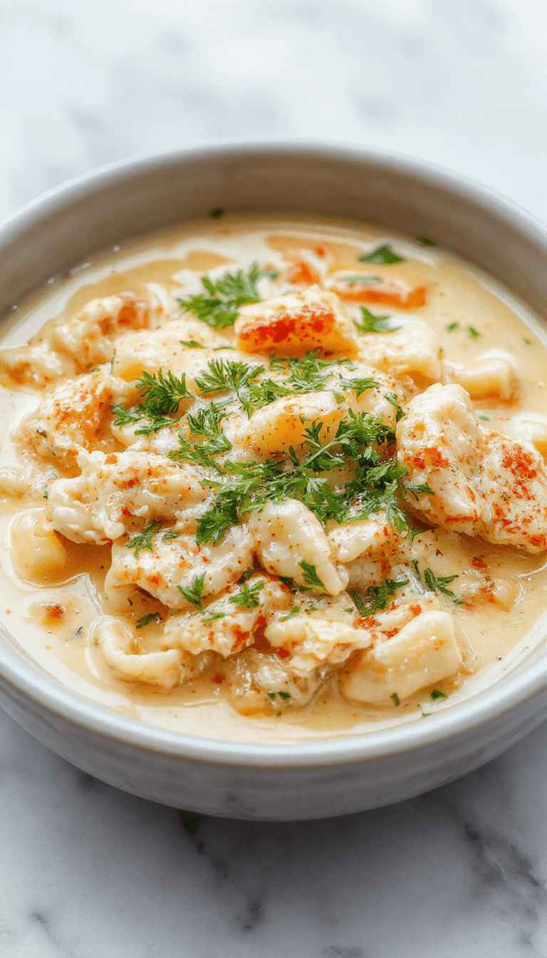 A vibrant bowl of creamy chicken pasta soup topped with fresh parsley and grated cheese, showcasing tender chicken pieces, al dente pasta, and a velvety broth with a sprinkle of herbs, served on a rustic wooden table with a spoon.