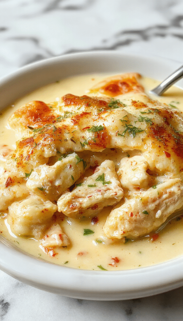A vibrant bowl of chicken pot pie soup topped with flaky pastry crumbles, garnished with fresh herbs, served on a rustic wooden table with a spoon.