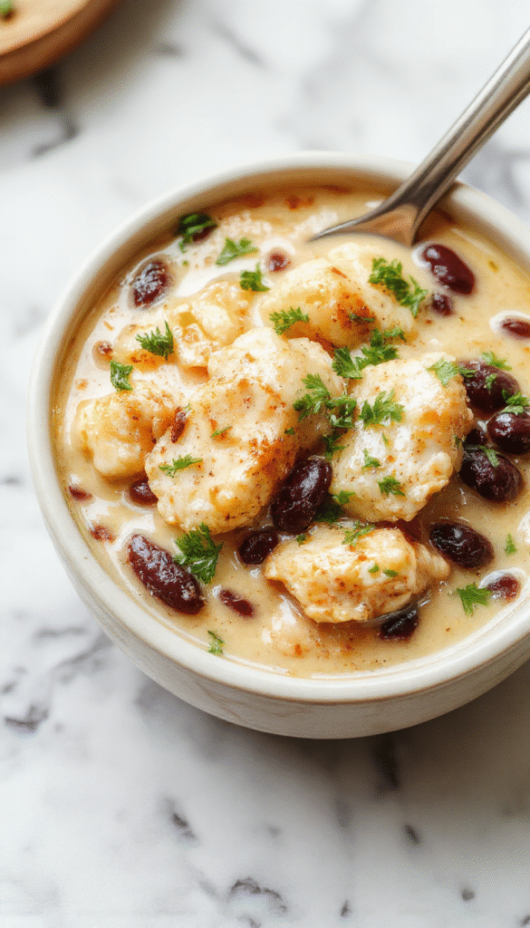 A vibrant bowl of creamy chicken soup featuring chunks of tender chicken, roasted poblanos, and black beans, garnished with fresh herbs. The soup has a rich, velvety texture with a golden broth, presented in a rustic white bowl on a wooden table, with slices of lime and a spoon beside it. The colorful ingredients contrast beautifully, evoking warmth and hearty comfort.