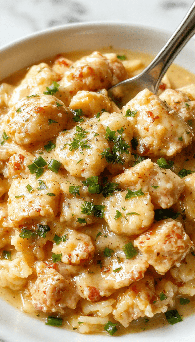 A close-up of a creamy chicken and rice dish served in a rustic white bowl, topped with fresh herbs. The rice is fluffy and coated in a rich, creamy sauce with tender chunks of chicken visible. The vibrant green herbs contrast beautifully with the golden-brown rice and white chicken, creating an inviting and appetizing scene.