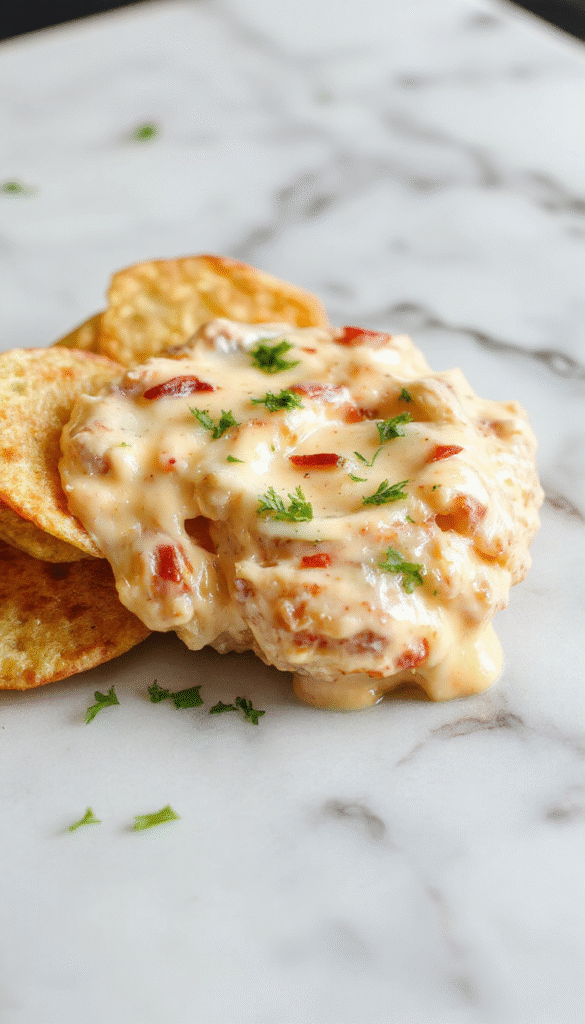 A close-up of a vibrant cowboy queso dip in a rustic bowl, topped with diced tomatoes, chopped green onions, and cilantro, with a side of tortilla chips on a wooden surface, highlighting its creamy and cheesy texture combined with fresh toppings and crunchy chips.