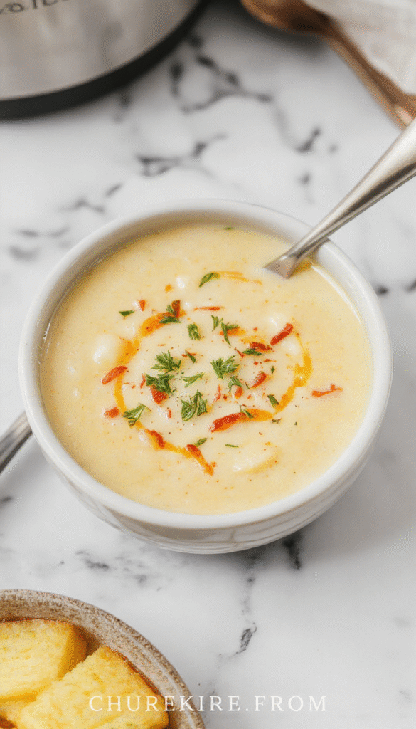 A warm, inviting bowl of creamy potato soup garnished with chopped chives and shredded cheese, served in a rustic white bowl on a wooden table with slices of toasted bread on the side, steam rising, soft natural lighting highlighting the rich textures and golden color of the soup.
