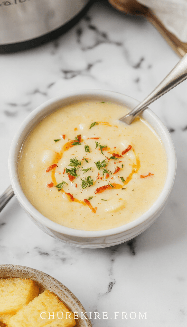 A warm, inviting bowl of creamy potato soup garnished with chopped chives and shredded cheese, served in a rustic white bowl on a wooden table with slices of toasted bread on the side, steam rising, soft natural lighting highlighting the rich textures and golden color of the soup.